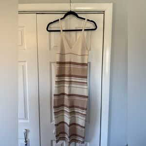 Sleeveless V-Neck Midi Dress in Cream and Tan Stripes